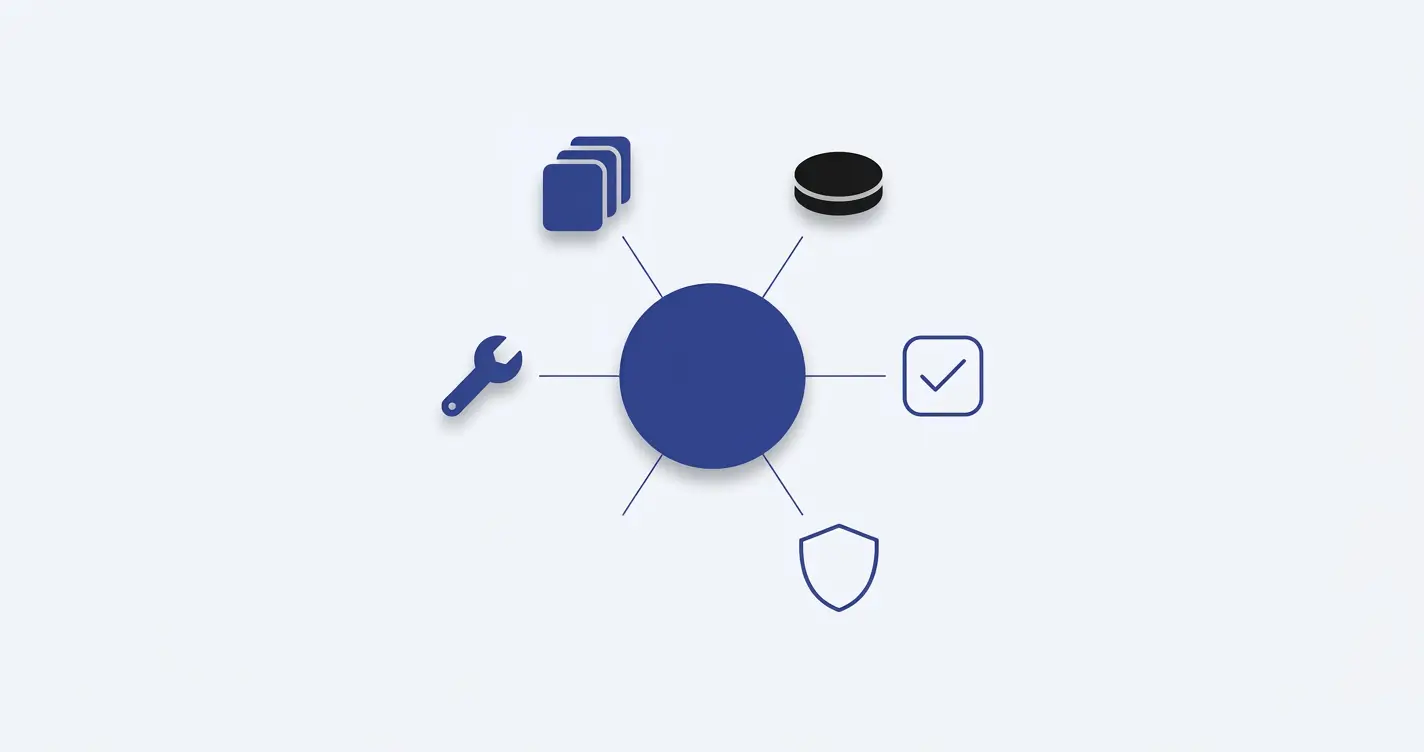 A single accent node surrounded by five minimal geometric marks arranged in a ring, each representing one problem of production AI