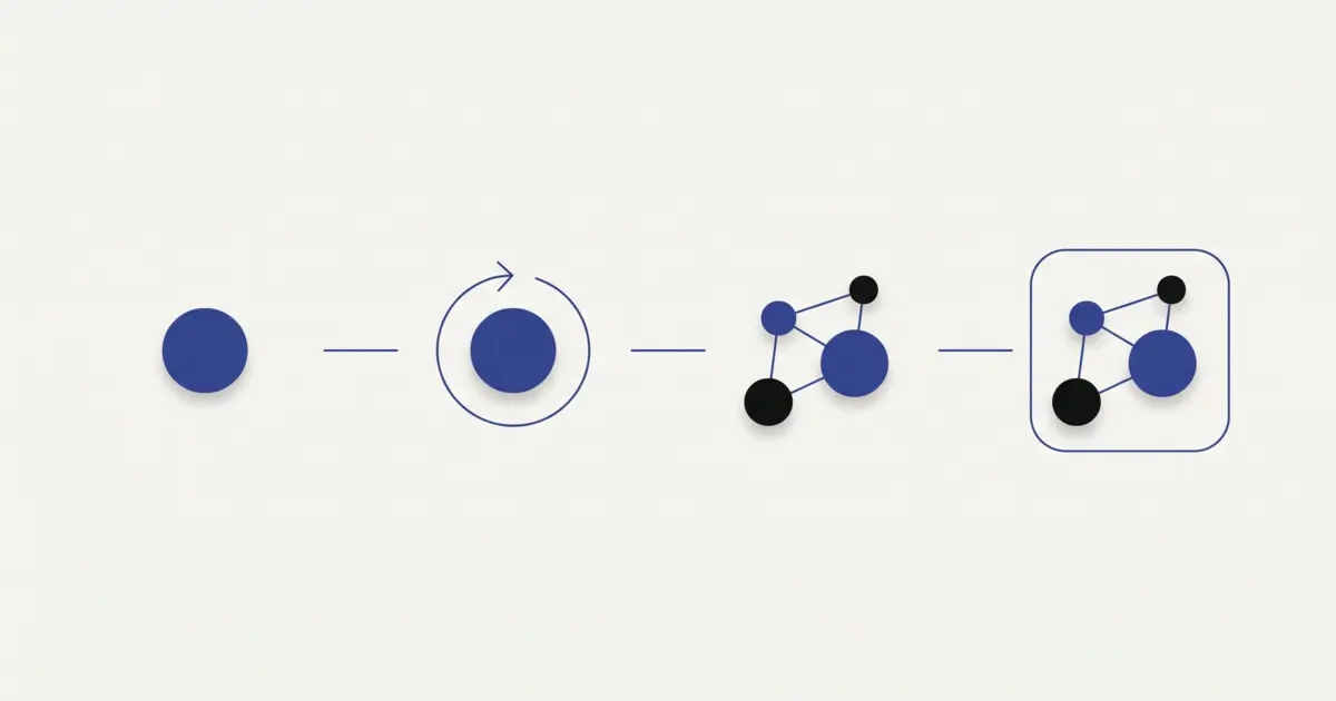 An abstract minimalist diagram showing a single node evolving into a connected network of nodes enclosed within a frame